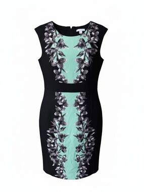 New York & Company Black and Mint Floral-Panel Midi Dress